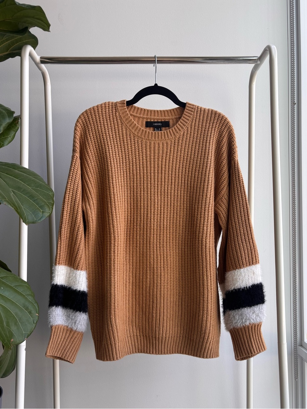 FOREVER 21 | Tan Knit Sweater with Striped Sleeve Details M
